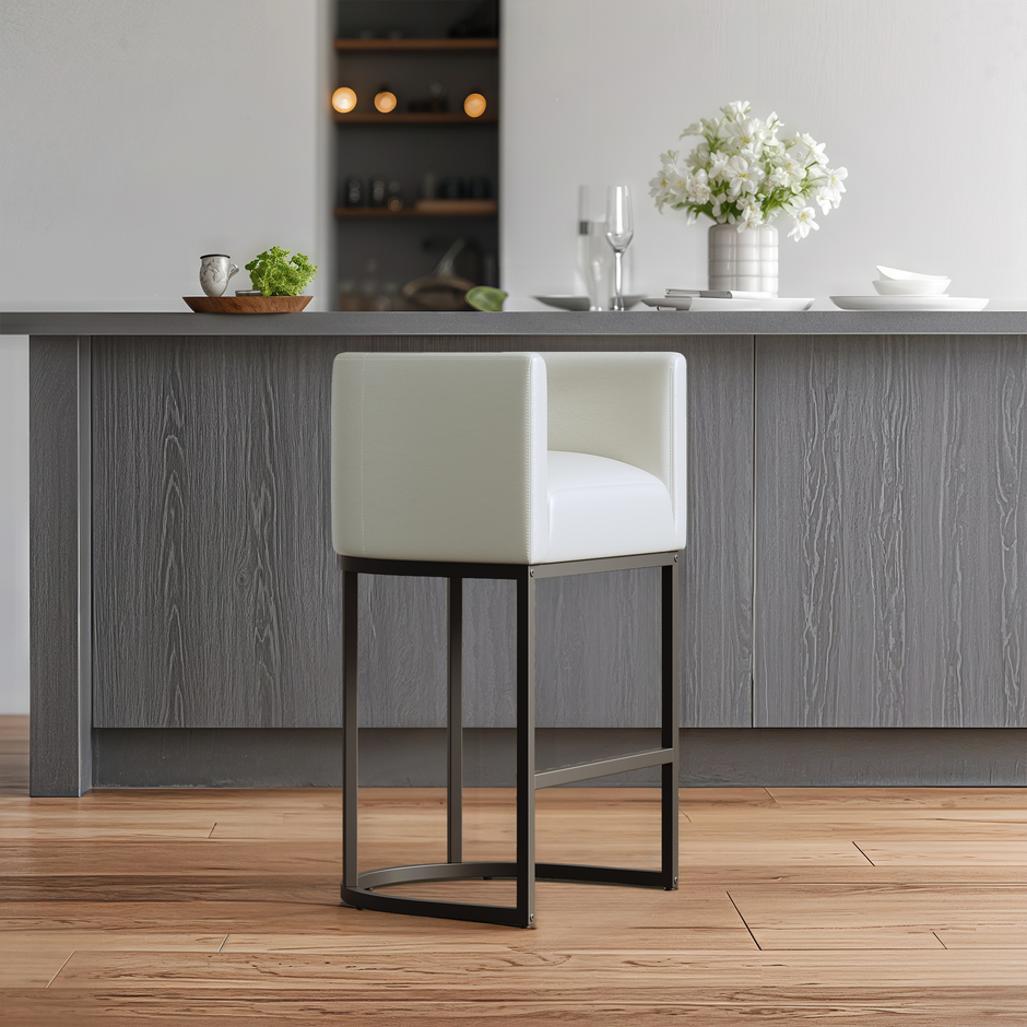 Lasigeli Bar Stools 26"Counter Height Bar Stools,Metal Black Frames,Beige White Leather for Kitchen Island