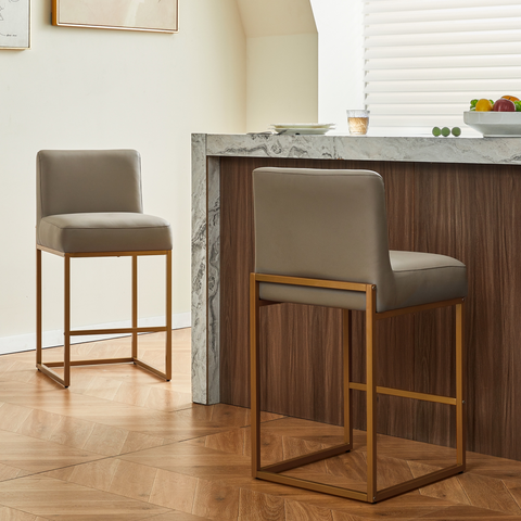 Lasigeli 26" Counter Height Bar Stools Set of 2 - Faux Leather Upholstered with Back, Sturdy Gold Metal Frame, Modern Kitchen Island Chairs for Home, Easy Assembly (Gray)