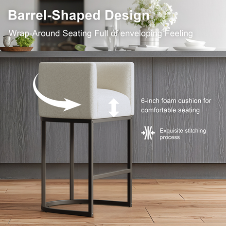 Lasigeli Bar Stools 26"Counter Height Bar Stools,Metal Black Frames,Off White Linen for Kitchen Island